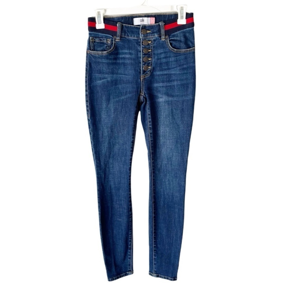 CAbi Jeans Women's 2 Simone Skinny Dark Wash Button Fly Tennis Prep Rugby Stripe